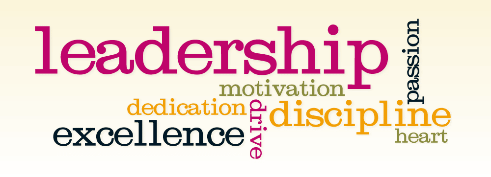 Word cloud with the words Leadership, discipline, excellence, motivation, dedication, drive, heart, and passion